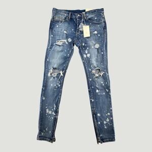 MNML Splash Stretch Denim Jeans Blue Paint Splatter Distressed Ankle Zip 33